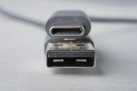 USB Type C and A connector with a grey cable. Stock Photos