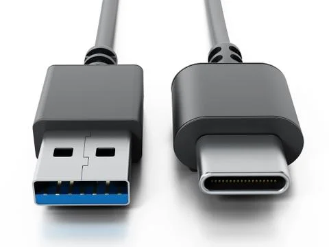 USB type C and USB 3.0 cables isolated on white background. 3D illustration Stock Illustration