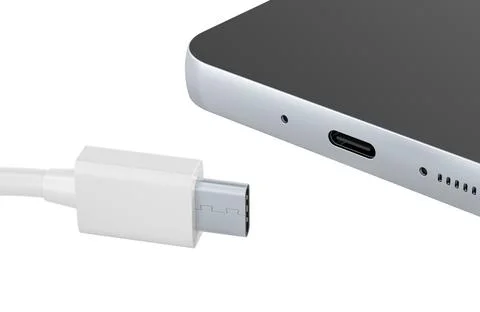 USB type-c cable and smartphone port. 3D rendering Illustrazione stock