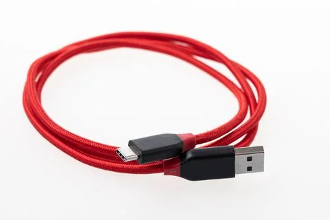Usb type c cable in red color Stock Photos