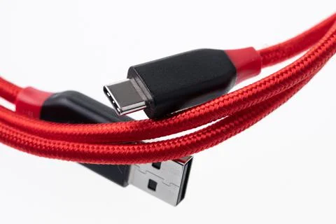 Usb type c cable in red color Stock Photos