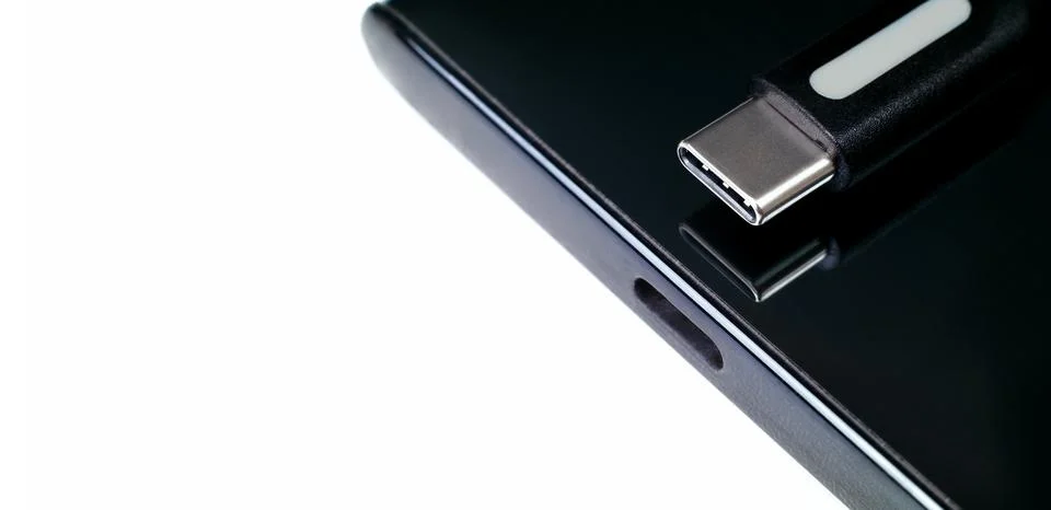 USB Type C cable, Type-C port connector on white background Stock Photos