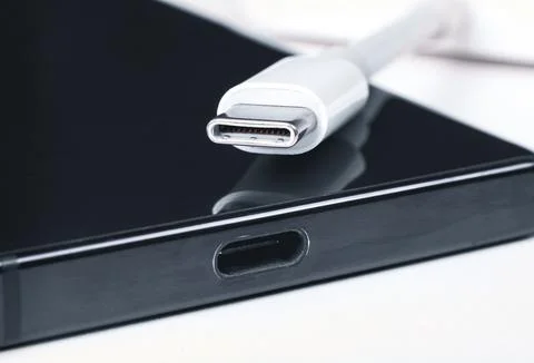 USB Type C cable, Type C port connector charger on white background Foto stock