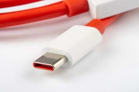 USB Type C connector white and red cable closeup Foto stock