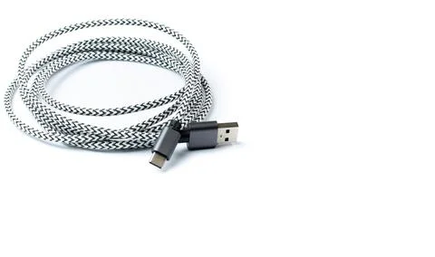 Usb type C data cable on white, isolate, wide view, copy space. Stock Photos