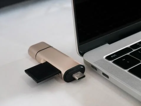 USB Type-C Memory Card Reader with Laptop with Two USB Type-C Port Stock Photos