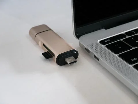 USB Type-C Memory Card Reader with Laptop with Two USB Type-C Port Stock Photos