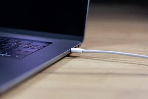 USB Type C Port Cable for fast charging laptop. Close up photo. Stock Photos