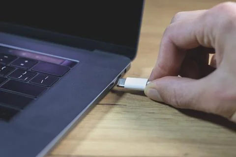 USB Type C Port Cable for fast charging laptop. Close up photo. 스톡 사진