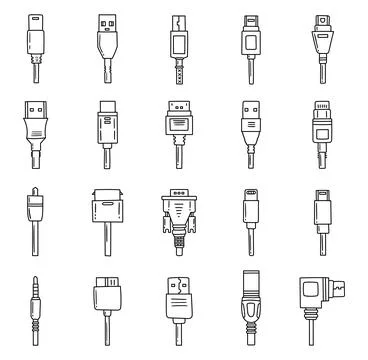 Usb type connector set in outline line art Stock Illustration