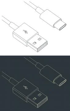 USB type-A to USB type-C cable blueprints Illustrazione stock