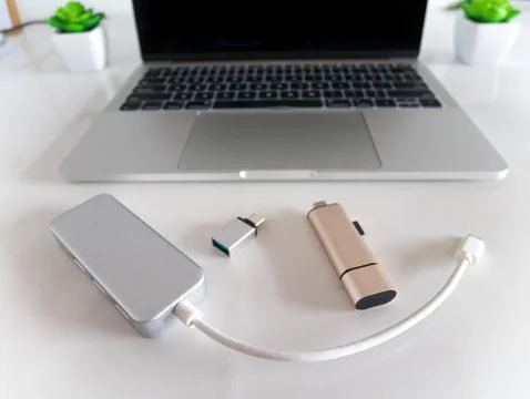 USB to USB Type-C Adapter Converter with a Laptop Stock Photos