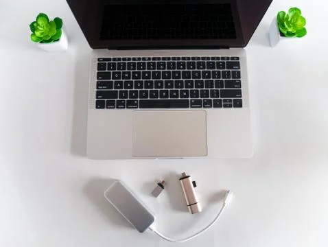 USB to USB Type-C Adapter Converter with a Laptop Stock Photos