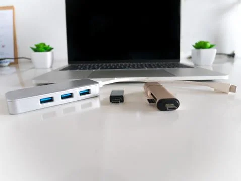 USB to USB Type-C Adapter Converter with a Laptop Stock Photos