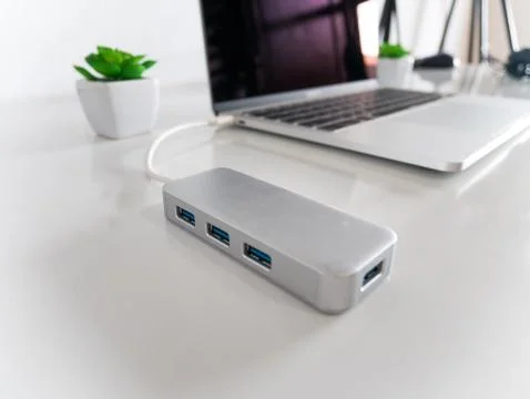 USB to USB Type-C Adapter Converter on a Laptop Stock Photos