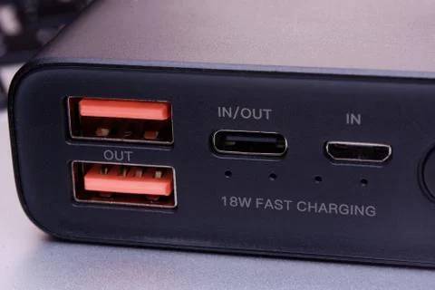 USB, USB Type-C and Micro-USB port on power bank Stock Photos