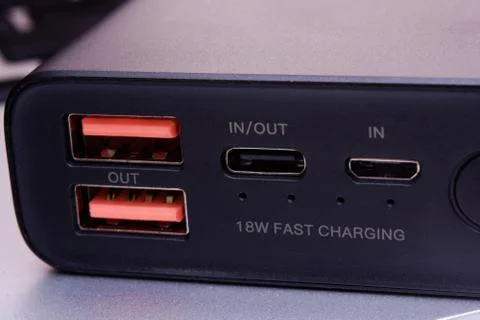 USB, USB Type-C and Micro-USB port on power bank Stock Photos
