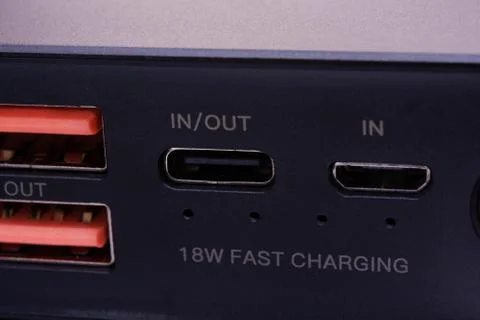 USB, USB Type-C and Micro-USB port on power bank Stock Photos