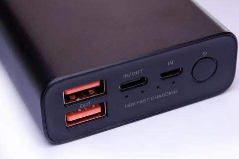 USB, USB Type-C and Micro-USB port on power bank Stock Photos