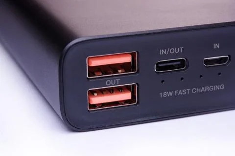 USB, USB Type-C and Micro-USB port on power bank Stock Photos