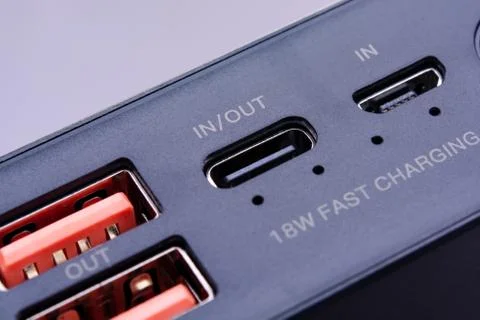 USB, USB Type-C and Micro-USB port on power bank Foto stock