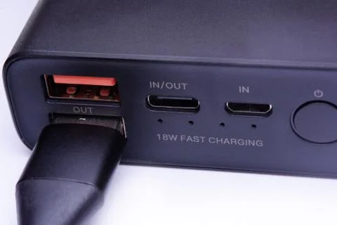 USB, USB Type-C and Micro-USB port on power bank Stock Photos