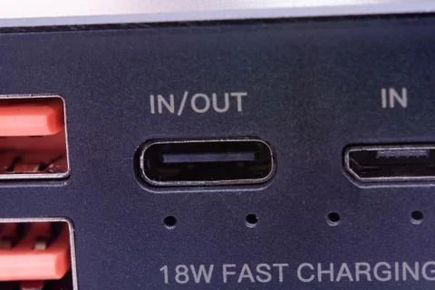 USB, USB Type-C and Micro-USB port on power bank Stock Photos