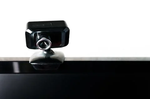 USB Webcam, Web Camera, Mounted on a Computer Monitor with Black Screen. Stock Photos