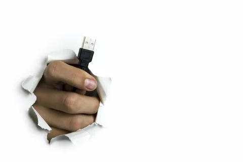 USB wire in hand on white background Stock Photos