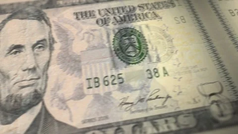 USD $5 Banknotes Sliding in Close-Up Macro Loop Animation Stock Footage 292323912