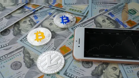USD background with Apple iPhone 8 and bitcoin cryptocurrency Stock Footage 88783064