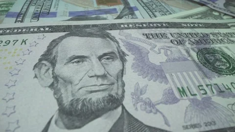 USD banknote. 5 dollars USA in Macro shot. President of the United States Stock-Footage 143240673