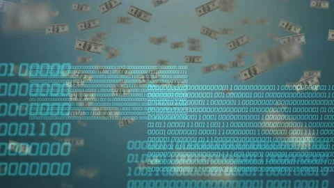 USD bills falling, drifting in teal on play, cyan code appearing and visualizing Stock-Footage 335651983