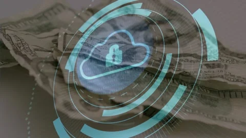 USD stack being overlaid by teal HUD appearing, rings rotating, cloud lock Stock Footage 328684819