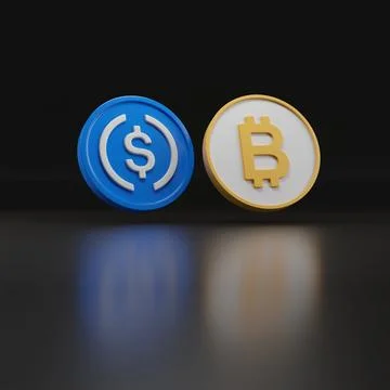 USDC and Bitcoin coins on dark background. 3d illustration. Stock Illustration