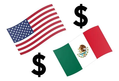 USDMXN forex currency pair vector illustration. American and Mexican flag, wi Stock Illustration