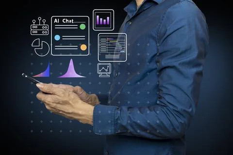 Use AI technology to analyze data and send work answers via mobile. Foto stock