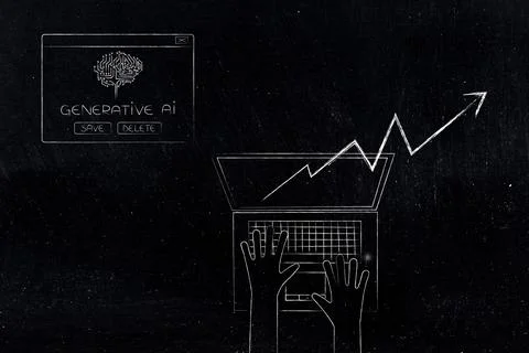 Use of artificial intelligence, Ai pop-up message next to laptop with upwar.. Stock Illustration