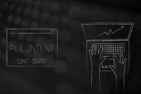 Use of artificial intelligence, Ai pop-up message next to laptop with upwar.. Stock Illustration