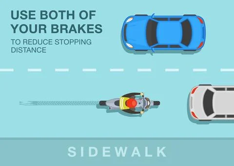 Use both your brakes to reduce stopping distance. Top view of a bike rider. Stock Illustration