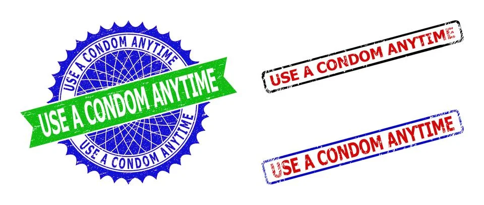 USE A CONDOM ANYTIME Rosette and Rectangle Bicolor Seals with Corroded Surfaces Illustrazione stock