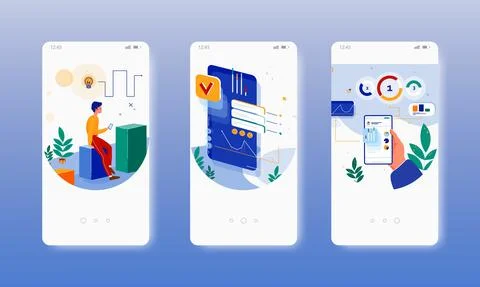 Use data. Dashboard. Data analysis. Mobile app onboarding screens, vector Stock Illustration