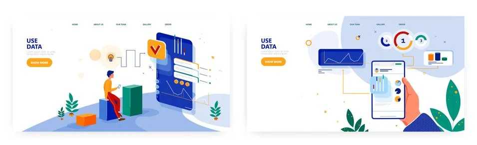 Use data landing page design, website banner vector template set. Businessman 스톡 일러스트