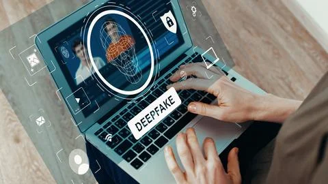 Use of deep fake technology on a laptop at home showing a person's face on the Foto stock