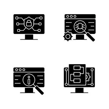 Use of digital technologies black glyph icons set on white space 스톡 일러스트