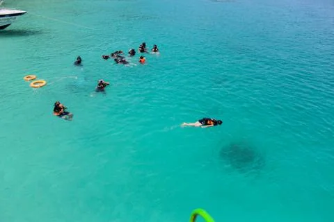 Use a floating kit to float on the sea front Stock Photos
