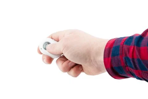 Use hand to press camera remote. isolated on white background Stock Photos
