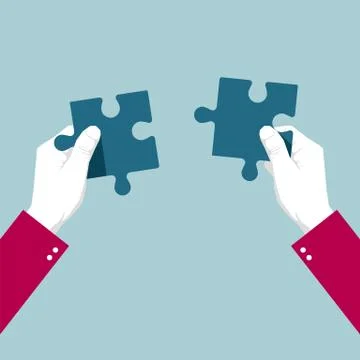 Use hands with the puzzle. Isolated on blue background. 스톡 일러스트