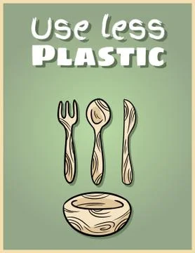 Use less plastic bamboo dishware poster. Motivational phrase. Ecological and Stock Illustration