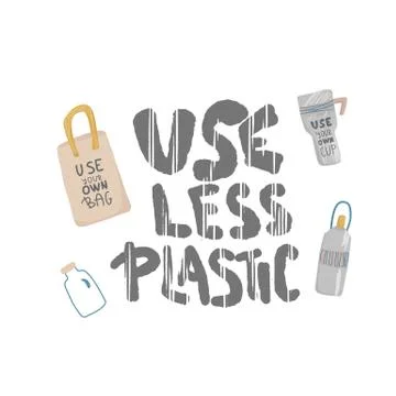 Use less plastic concept. Quote with  eco lifestyle elements in flat style is Stock Illustration